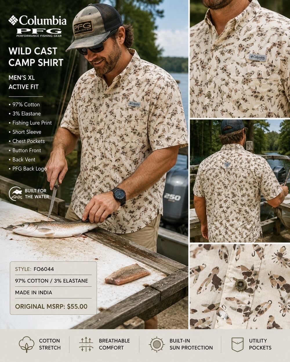 Columbia PFG Mens XL Fishing Lure Print Shirt Cotton Stretch Fly Fishing Gorp